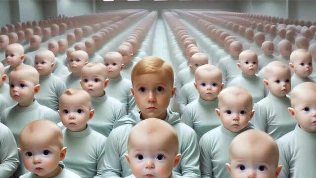 crowd of cloned children in rows