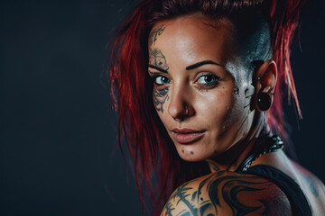 retrato profesional de una persona muy tatuada con con escarificaciones y modificaciones corporales además de tener el pelo de colores con un peinado alternativo

