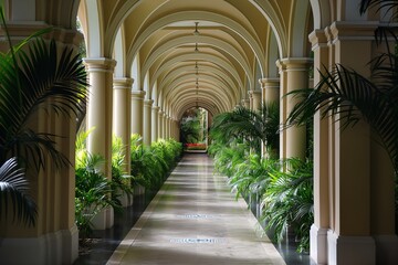 Fototapeta na wymiar A sophisticated arched passageway adorned with vibrant green plants, creating a serene and luxurious atmosphere.