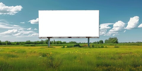 Advertising blank billboard in green field on summer day, Generative AI 