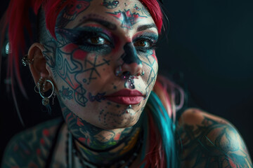 retrato profesional de una persona muy tatuada con con escarificaciones y modificaciones corporales además de tener el pelo de colores con un peinado alternativo