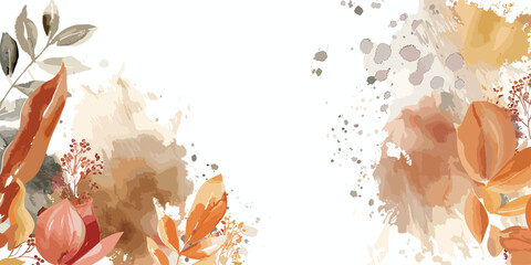 Watercolor Autumn Background with Floral Elements: Botanical Hand Drawings
