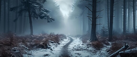 Solitary A distant wintry woodland enveloped in mist with a path winding into unfamiliar territory, Generative AI  - obrazy, fototapety, plakaty