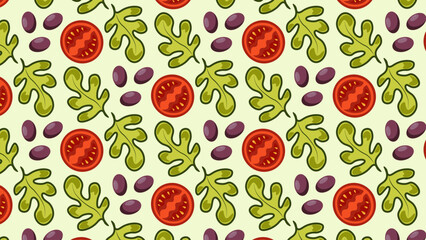Seamless pattern with tomatoes, olives and lettuce