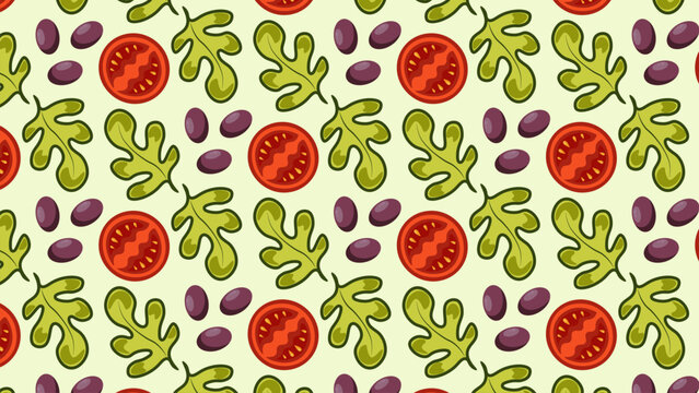 Seamless pattern with tomatoes, olives and lettuce