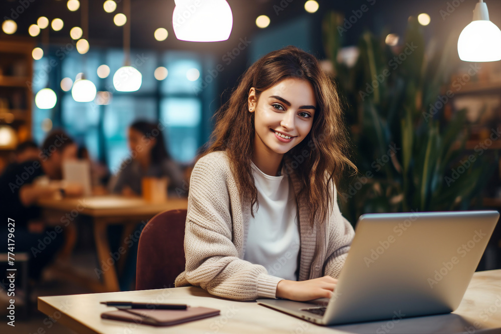 Aufkleber generative ai photo of smiling person working as a tutor from cafe distance lesson