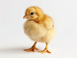 Fototapeta premium A baby chick isolated on white background. The chick is small and fluffy, with a cute and innocent expression.
