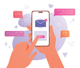 Illustration of a hand holding a smartphone with colorful gradient chat icons and unread messages in a flat style