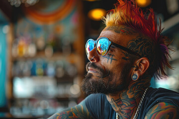 retrato profesional de una persona muy tatuada con con escarificaciones y modificaciones corporales además de tener el pelo de colores con un peinado alternativo