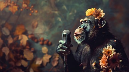 In a whimsical scene a monkey adorned with flowers grips a microphone preparing for a musical debut - obrazy, fototapety, plakaty