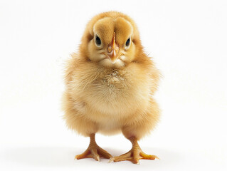 Obraz premium A baby chick isolated on white background. The chick is small and fluffy, with a cute and innocent expression.