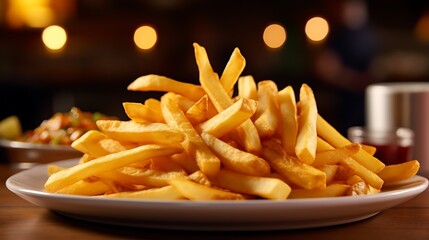 French fries on a plate with dark background. 