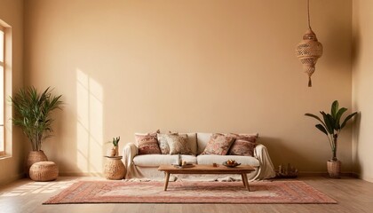 Beige room decorated in boho style, living room, interior mockup, minimal interior design, cozy tone style, empty wall, lamp and green vegetation - obrazy, fototapety, plakaty