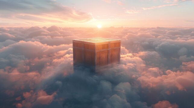 Logistic box descending from the clouds a visual metaphor for the sudden arrival of unforeseen opportunities