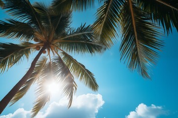 Fototapeta na wymiar closeup palm trees on blue sky background view from below