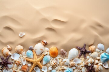 Fototapeta na wymiar White sandy beach with seashells, starfish and ocean waves with copy space