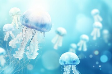 beautiful jellyfish on blurred blue and white bubble background with copy space