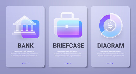 Financial mobile app pages in glassmorphism style. Vertical Banking banners set.
