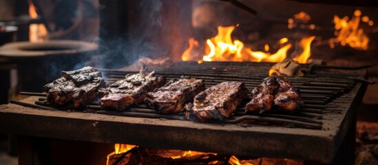 The flames are blazing in the background while a grill with delicious steaks cooking on it fills the air with a mouth-watering aroma
