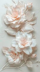 Pastel 3D camellias in clay sophisticated and timeless against a white background echoing love and affection