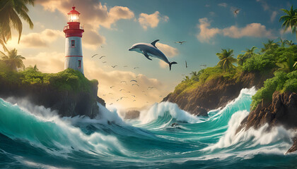 Lighthouse on a hill with stormy seas  - Powered by Adobe