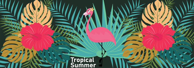 Summer tropical nature poster, web banner, cover, card with Tropical leaves, plants and flamingo. Vector modern floral illustrations  print, palm leaf, monstera, fern,  for background, label or banner - obrazy, fototapety, plakaty