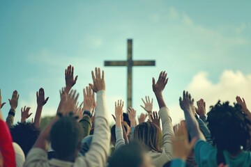 A diverse community of individuals with raised hands in worship towards a Christian cross - obrazy, fototapety, plakaty