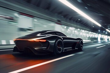 A sleek modern car driving fast through an illuminated tunnel.