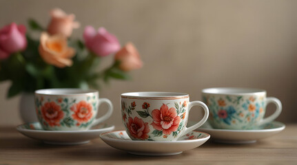 Cup of coffee on a wooden background against the blurred floral background with lots of colorful flowers.generative.ai