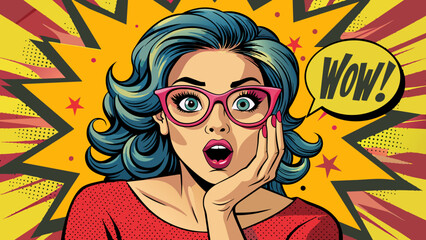 pop art woman with wow face in glasses holding han 