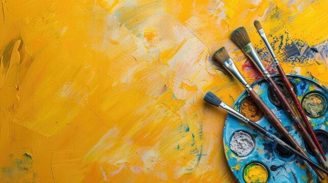 Watercolor paint palette with brushes on a yellow background
