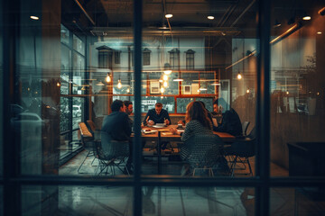 Diverse Group of People Sitting at Table by Glass Window in Restaurant Enjoying Meal and Conversation