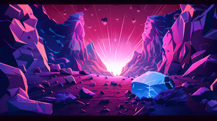Digital art of a purple and blue rocky landscape with a sunset.