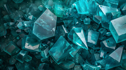 A close-up of a pile of teal crystals in various shapes and sizes.