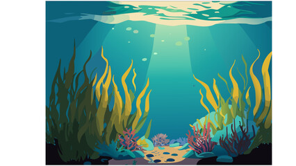 Fototapeta na wymiar Sea underwater background. Ocean bottom with seaweeds. Vector marine scene