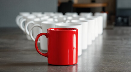 Career opportunity and hiring concept with red mug between white representing best candidates for job and leadership. Staff recruitment and headhunting