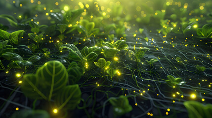 A close-up of a forest floor teeming with fireflies at night.