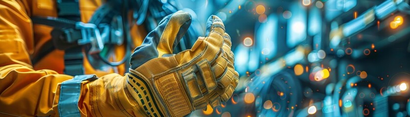 Work gloves, Construction equipment conception, futuristic background