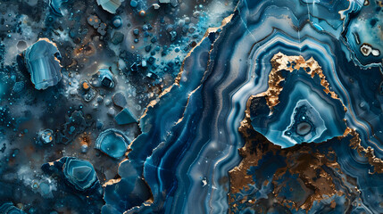 A close-up of a blue geode with sparkling crystals and golden veins. - obrazy, fototapety, plakaty