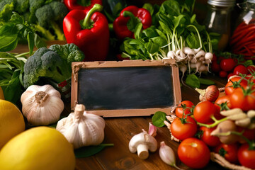 Hintergrund mit Gemüse und Tafel ohne Text - 774182654