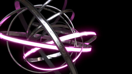 Abstract metal and glowing circle shapes on the black background. 3d render illustration