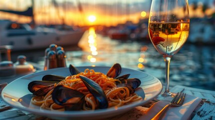 romantic dinner in a port, seafood and wine glasses on the table on beautiful sunset