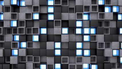 Abstract dark background with blocks and glow. 3d render illustration