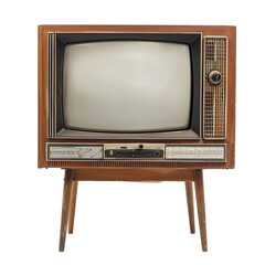 Vintage TV set isolated on white background, retro tv with wooden legs and screen, old television from the past