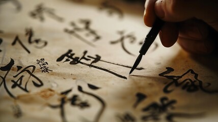 Close-up of a brush painting Chinese calligraphy on parchment - obrazy, fototapety, plakaty