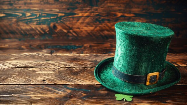 A green leprechaun hat with a buckle placed on wooden surface next to clover leaf