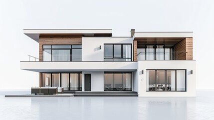 Craft an image of a stylish modern house presented through a 3D rendering against a white background