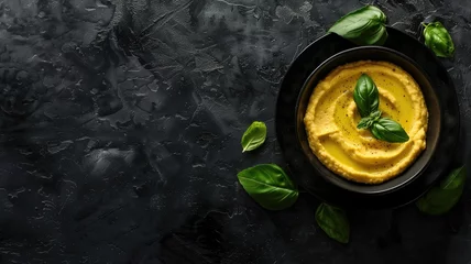 Fotobehang Overhead view of a creamy soup garnished with basil leaves on dark textured surface © Татьяна Макарова