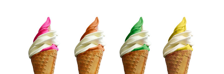 Collection set of four soft serve ice creams isolated on panoramic transparent background, png file - 774183835