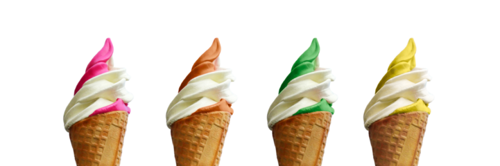 Collection set of four soft serve ice creams isolated on panoramic transparent background, png file